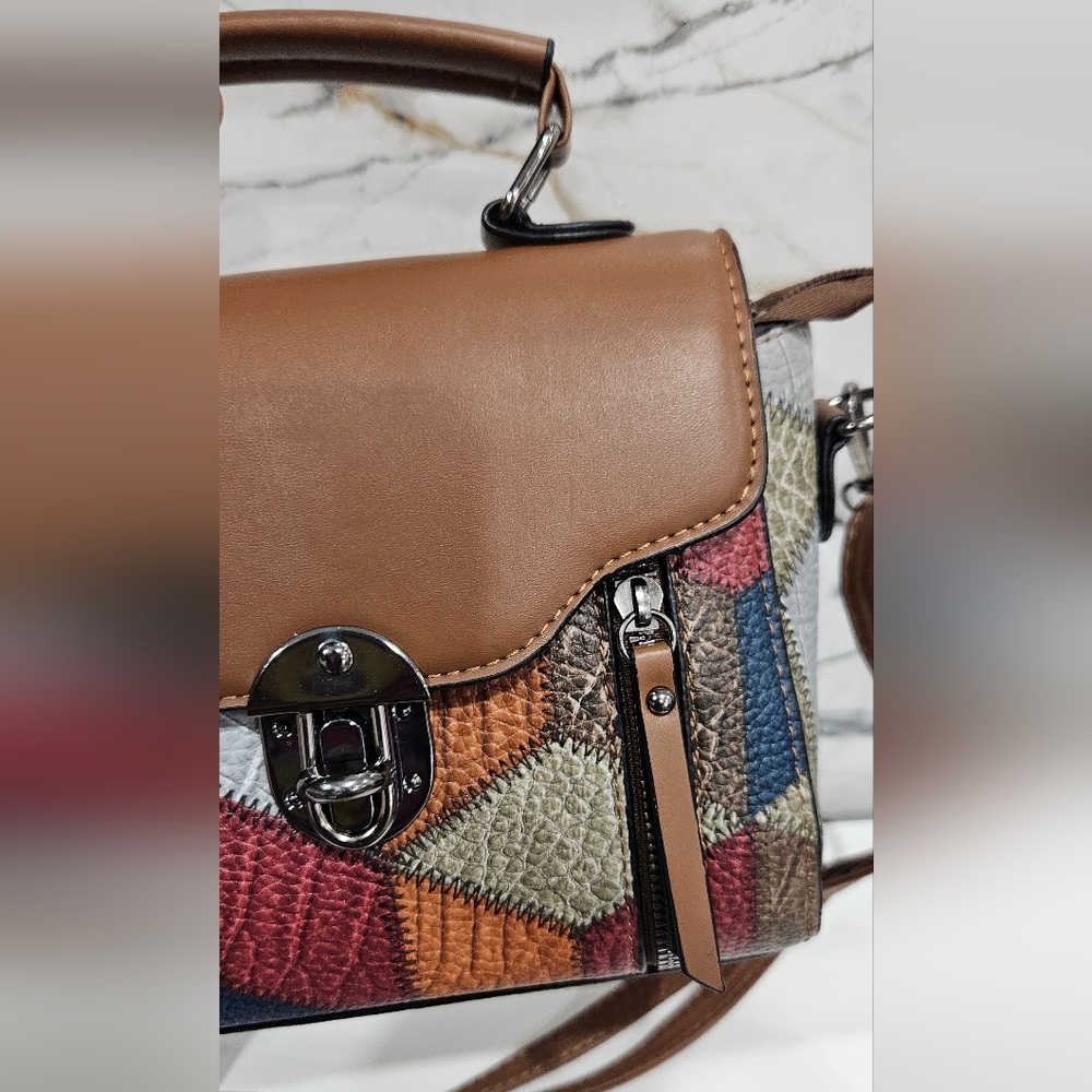 Colorblock Patchwork Geometric Leather Women Retr… - image 5